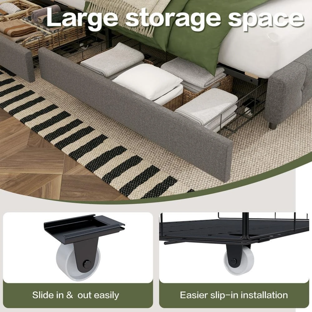 Grey King Linen Upholstered Storage Platform Bed Frame With Headboard 3 Grey King Linen Upholstered Storage Platform Bed Frame With Headboard - Image 3