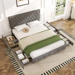 Black And Grey Full Linen Upholstered Storage Platform Bed Frame With Headboard -Jearey grey jearey platform beds slssfy grey 31 1000