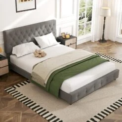Black And Grey Full Linen Upholstered Storage Platform Bed Frame With Headboard