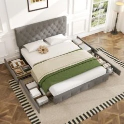 Black And Grey Queen Linen Upholstered Storage Platform Bed Frame With Headboard -Jearey grey jearey platform beds ty hd grey 31 1000