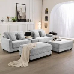 Laibai 111.81 In. Square Arm 4-Piece Velvet Modular Sectional Sofa In Grey With Cup Holder And Ottoman -Jearey grey jearey sectional sofas dxrabcd grey 31 1000