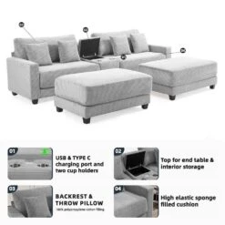 Laibai 111.81 In. Square Arm 4-Piece Velvet Modular Sectional Sofa In Grey With Cup Holder And Ottoman -Jearey grey jearey sectional sofas dxrabcd grey 66 1000