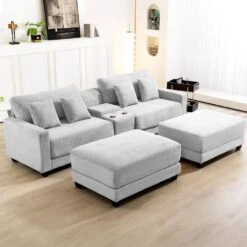 Laibai 111.81 In. Square Arm 4-Piece Velvet Modular Sectional Sofa In Grey With Cup Holder And Ottoman -Jearey grey jearey sectional sofas dxrabcd grey c3 1000