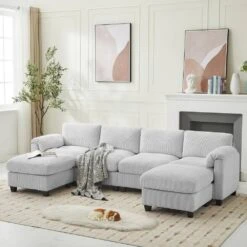 114.96 In Corduroy Modular U-Shaped Grey Sectional Sofa With 2-Ottomans For Living Room And Spacious Space -Jearey grey jearey sectional sofas dxrzjsf6 grey 1f 1000