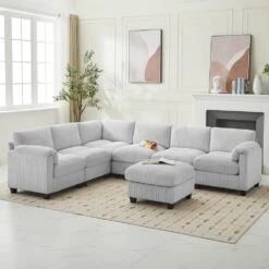 115 In. Corduroy Modular L-Shaped Grey 7-Seat Sectional Sofa For Living Room And Spacious Space -Jearey grey jearey sectional sofas dxrzjsf7 grey 31 1000