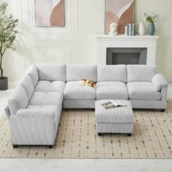 115 In. Corduroy Modular L-Shaped Grey 7-Seat Sectional Sofa For Living Room And Spacious Space