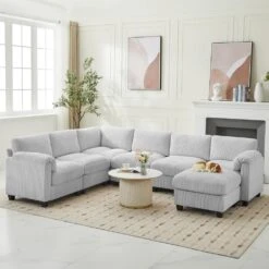 115 In. Corduroy Modular L-Shaped Grey 7-Seat Sectional Sofa For Living Room And Spacious Space -Jearey grey jearey sectional sofas dxrzjsf7 grey c3 1000