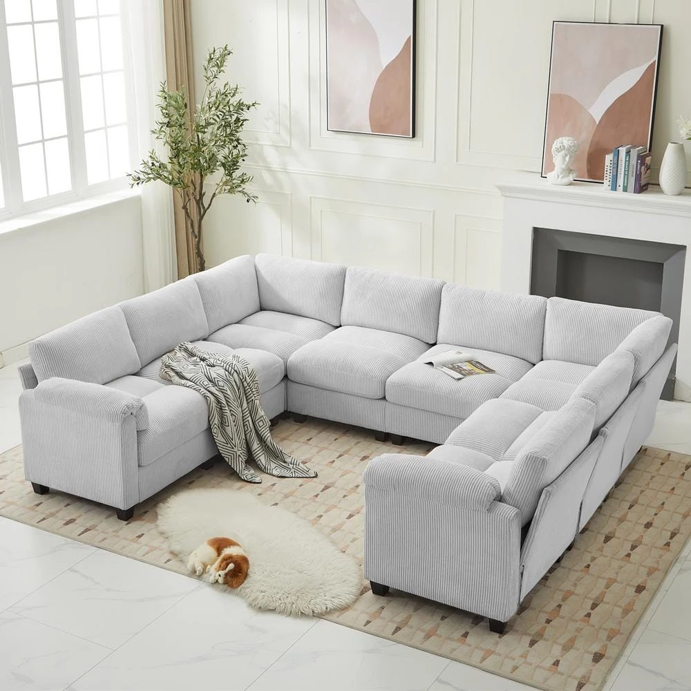 115 In. Corduroy Modular U-Shaped Grey 8-Seat Sectional Sofa For Living Room And Spacious Space 5 115 In. Corduroy Modular U-Shaped Grey 8-Seat Sectional Sofa For Living Room And Spacious Space - Image 5
