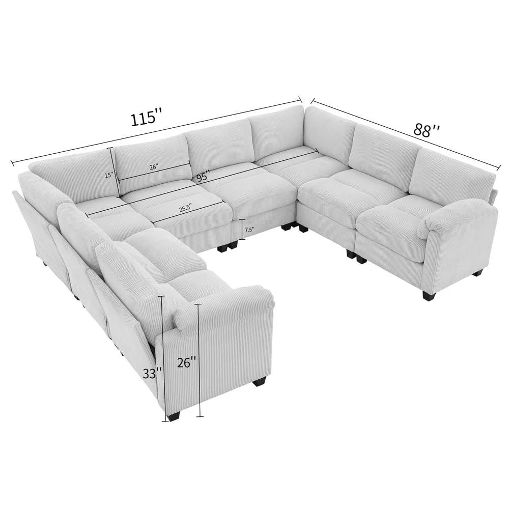 115 In. Corduroy Modular U-Shaped Grey 8-Seat Sectional Sofa For Living Room And Spacious Space 2 115 In. Corduroy Modular U-Shaped Grey 8-Seat Sectional Sofa For Living Room And Spacious Space - Image 2