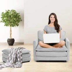 112 In. W 4-Piece Modern Straight Arm Corduroy Fabric L-Shaped Sectional Sofa With Ottoman In Gray -Jearey grey jearey sectional sofas e46sf 3 gy 1f 1000