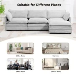 112 In. W 4-Piece Modern Straight Arm Corduroy Fabric L-Shaped Sectional Sofa With Ottoman In Gray -Jearey grey jearey sectional sofas e46sf 3 gy 66 1000