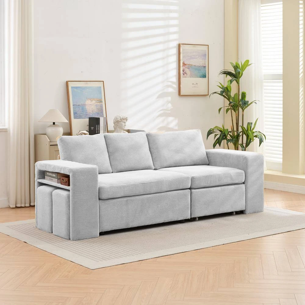 90.94 In. Grey Corduroy Upholstered L-Shaped Sleeper Sectional Sofa With Storage And Removable Ottomans For Living Room 9 90.94 In. Grey Corduroy Upholstered L-Shaped Sleeper Sectional Sofa With Storage And Removable Ottomans For Living Room - Image 9