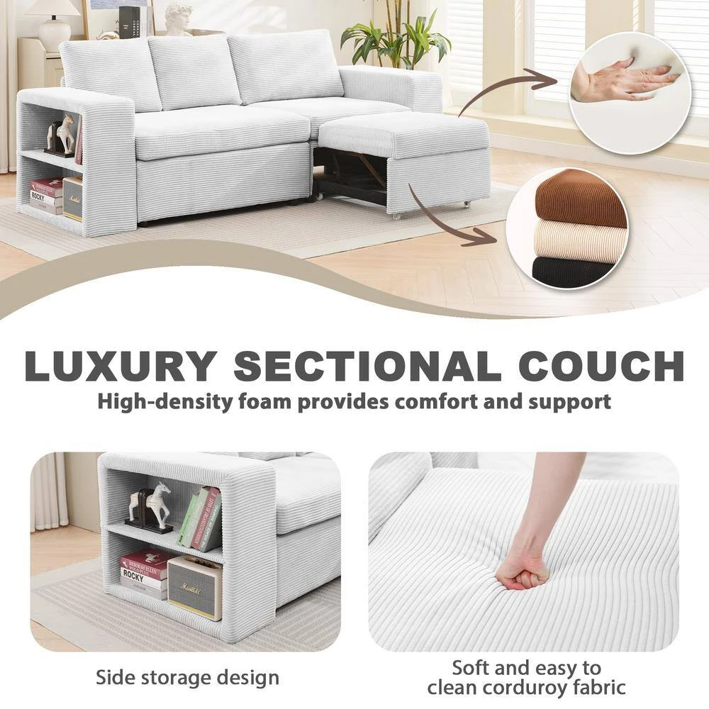 90.94 In. Grey Corduroy Upholstered L-Shaped Sleeper Sectional Sofa With Storage And Removable Ottomans For Living Room 6 90.94 In. Grey Corduroy Upholstered L-Shaped Sleeper Sectional Sofa With Storage And Removable Ottomans For Living Room - Image 6