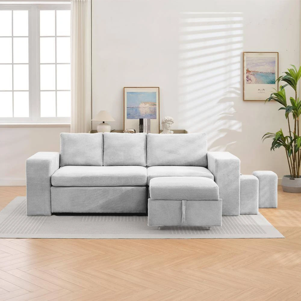 90.94 In. Grey Corduroy Upholstered L-Shaped Sleeper Sectional Sofa With Storage And Removable Ottomans For Living Room 4 90.94 In. Grey Corduroy Upholstered L-Shaped Sleeper Sectional Sofa With Storage And Removable Ottomans For Living Room - Image 4