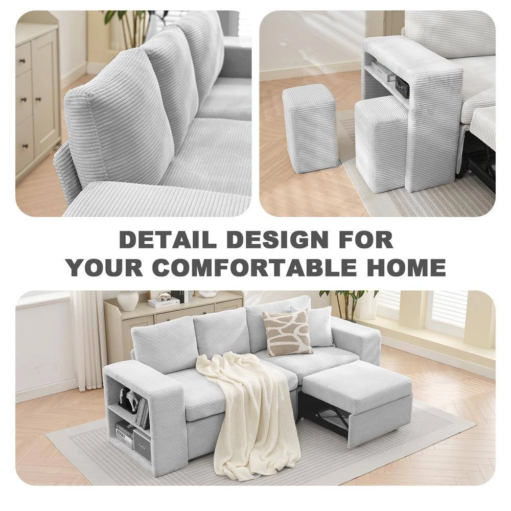 90.94 In. Grey Corduroy Upholstered L-Shaped Sleeper Sectional Sofa With Storage And Removable Ottomans For Living Room 8 90.94 In. Grey Corduroy Upholstered L-Shaped Sleeper Sectional Sofa With Storage And Removable Ottomans For Living Room - Image 8
