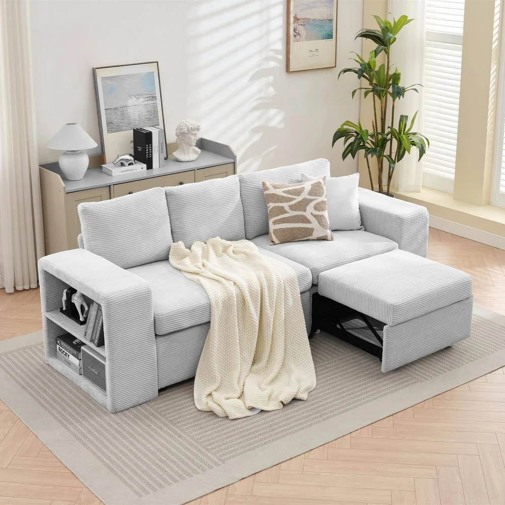 90.94 In. Grey Corduroy Upholstered L-Shaped Sleeper Sectional Sofa With Storage And Removable Ottomans For Living Room 3 90.94 In. Grey Corduroy Upholstered L-Shaped Sleeper Sectional Sofa With Storage And Removable Ottomans For Living Room - Image 3