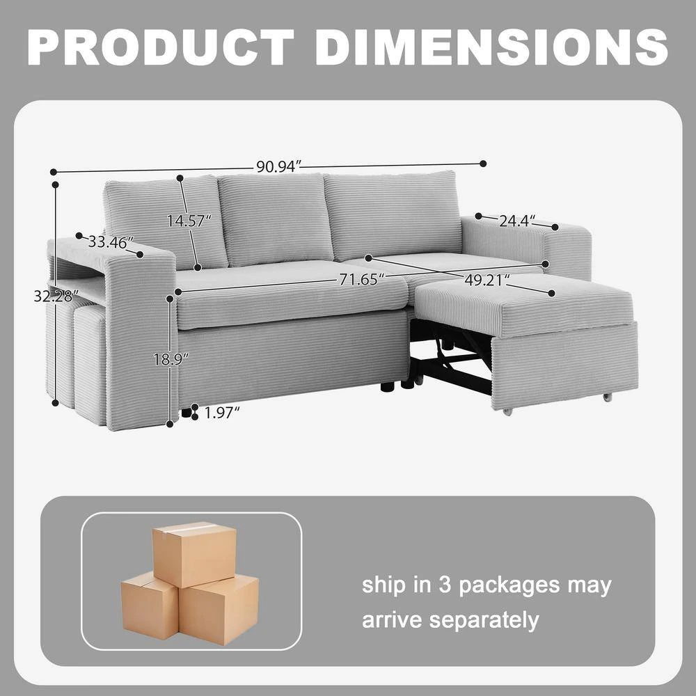 90.94 In. Grey Corduroy Upholstered L-Shaped Sleeper Sectional Sofa With Storage And Removable Ottomans For Living Room 2 90.94 In. Grey Corduroy Upholstered L-Shaped Sleeper Sectional Sofa With Storage And Removable Ottomans For Living Room - Image 2