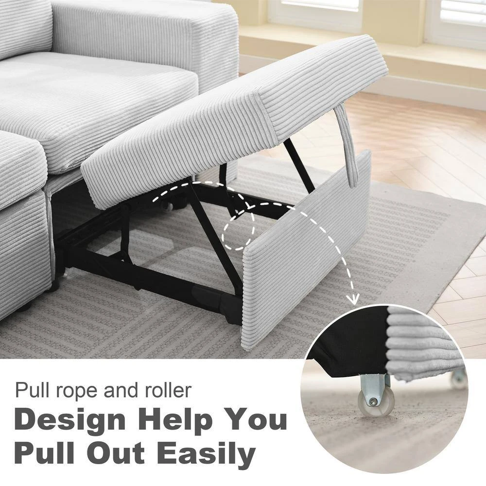 90.94 In. Grey Corduroy Upholstered L-Shaped Sleeper Sectional Sofa With Storage And Removable Ottomans For Living Room 7 90.94 In. Grey Corduroy Upholstered L-Shaped Sleeper Sectional Sofa With Storage And Removable Ottomans For Living Room - Image 7