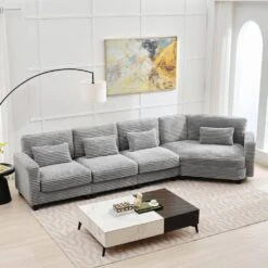 154 In. Corduroy Modular Rectangular Shaped Grey 4 Seat Sectional Sofa For Living Room And Spacious Space -Jearey grey jearey sectional sofas lydtr 4 grey 31 1000