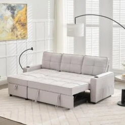 82.3 In. Grey Multi-functional Fabric Queen Size Sofa Bed With Cup Holder USB Port And Side Pockets -Jearey grey jearey sofa beds rmlc grey 1f 1000