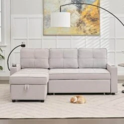 82.3 In. Grey Multi-functional Fabric Queen Size Sofa Bed With Cup Holder USB Port And Side Pockets -Jearey grey jearey sofa beds rmlc grey 31 1000