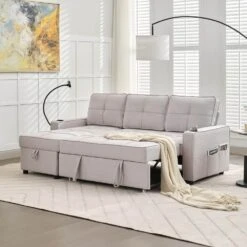 82.3 In. Grey Multi-functional Fabric Queen Size Sofa Bed With Cup Holder USB Port And Side Pockets