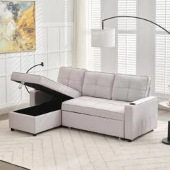 82.3 In. Grey Multi-functional Fabric Queen Size Sofa Bed With Cup Holder USB Port And Side Pockets -Jearey grey jearey sofa beds rmlc grey c3 1000