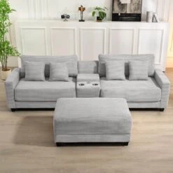 Laibai 111.81 In. Square Arm Velvet Modular 3-Piece Modern Sofa With Cup Holder And Ottoman In Grey