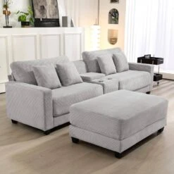 Laibai 111.81 In. Square Arm Velvet Modular 3-Piece Modern Grey Sofa With Cup Holder And Ottoman -Jearey grey jearey sofas couches xdxrabc grey 1f 1000