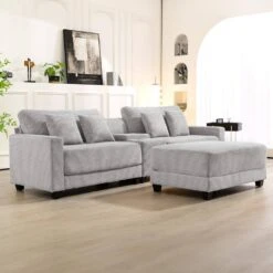 Laibai 111.81 In. Square Arm Velvet Modular 3-Piece Modern Grey Sofa With Cup Holder And Ottoman -Jearey grey jearey sofas couches xdxrabc grey 31 1000