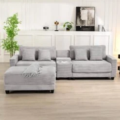 Laibai 111.81 In. Square Arm Velvet Modular 3-Piece Modern Grey Sofa With Cup Holder And Ottoman -Jearey grey jearey sofas couches xdxrabc grey 44 1000