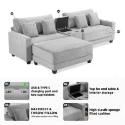 Laibai 111.81 In. Square Arm Velvet Modular 3-Piece Modern Grey Sofa With Cup Holder And Ottoman -Jearey grey jearey sofas couches xdxrabc grey 4f 1000