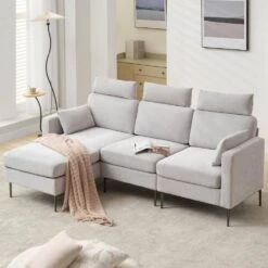 89 In. Square Arm Fabric L Shape Sectional Sofa With Chaise Lounge And Pillow In Grey -Jearey grey jearey sofas couches xne 1 grey 1f 1000