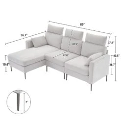 89 In. Square Arm Fabric L Shape Sectional Sofa With Chaise Lounge And Pillow In Grey -Jearey grey jearey sofas couches xne 1 grey 66 1000
