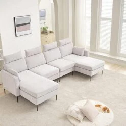 116.53 In. Square Arm Fabric U Shape Sectional Sofa With 2-Chaise Lounge And Pillow In Grey -Jearey grey jearey sofas couches xne 2 grey 31 1000