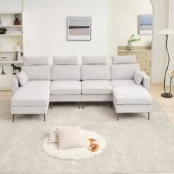 116.53 In. Square Arm Fabric U Shape Sectional Sofa With 2-Chaise Lounge And Pillow In Grey