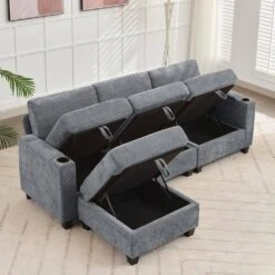 Modern 91 In. Grey Chenille Square Arm L-Shaped Storage Sofa With Cup Holder And Ottoman For Living -Jearey grey jearey sofas couches xnecw 3 grey 31 1000