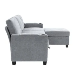 Modern 91 In. Grey Chenille Square Arm L-Shaped Storage Sofa With Cup Holder And Ottoman For Living -Jearey grey jearey sofas couches xnecw 3 grey 44 1000