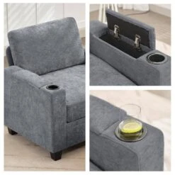Modern 91 In. Grey Chenille Square Arm L-Shaped Storage Sofa With Cup Holder And Ottoman For Living -Jearey grey jearey sofas couches xnecw 3 grey 4f 1000