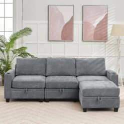 Modern 91 In. Grey Chenille Square Arm L-Shaped Storage Sofa With Cup Holder And Ottoman For Living