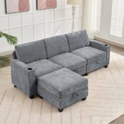 Modern 91 In. Grey Chenille Square Arm L-Shaped Storage Sofa With Cup Holder And Ottoman For Living -Jearey grey jearey sofas couches xnecw 3 grey c3 1000