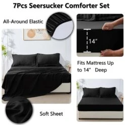 King Seersucker 7-Piece Cotton Blend Comforter Set Black -Jearey jearey bedding sets pps7j bk k fa 1000
