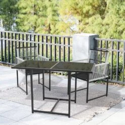 3-Piece Black Metal Rectangular Glass Tabletop Table Patio Outdoor Dining Set With Rattan Foldable Backrest Chairs -Jearey jearey bistro sets bsdczy 3 black 31 1000
