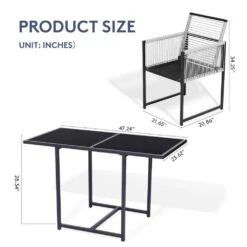 3-Piece Black Metal Rectangular Glass Tabletop Table Patio Outdoor Dining Set With Rattan Foldable Backrest Chairs -Jearey jearey bistro sets bsdczy 3 black 66 1000
