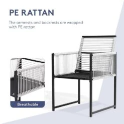 3-Piece Black Metal Rectangular Glass Tabletop Table Patio Outdoor Dining Set With Rattan Foldable Backrest Chairs -Jearey jearey bistro sets bsdczy 3 black c3 1000