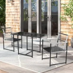 3-Piece Black Metal Rectangular Glass Tabletop Table Patio Outdoor Dining Set With Rattan Foldable Backrest Chairs -Jearey jearey bistro sets bsdczy 3 black fa 1000