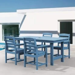 Charlottetown Navy 7-Piece Wicker Outdoor Dining Set With Washed Blue Cushion