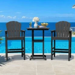 3-Piece Black Adirondack Patio Bar Plastic Outdoor Dining Set-Bar Height Stool And Chairs
