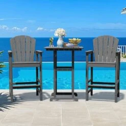 3-Piece Gray Adirondack Patio Bar Plastic Outdoor Dining Set-Bar Height Stool And Chairs
