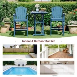 3-Piece Navy Blue Adirondack Patio Bar Plastic Outdoor Dining Set-Bar Height Stool And Chairs -Jearey jearey bistro sets jyqwgbzy3 na 44 1000